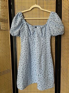 Divided Light Blue Floral Smocked Neck Mini Dress